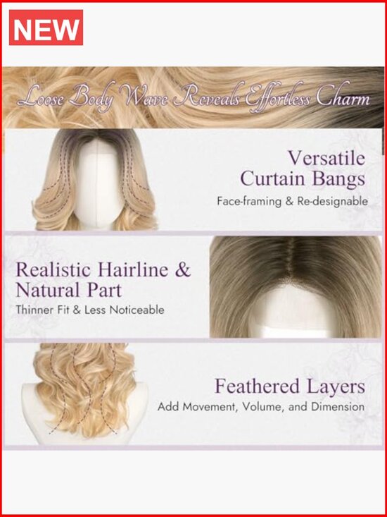 Shoulder Length Wavy Layered Wig with Curtain Bangs Synthetic Lace Front main image 5